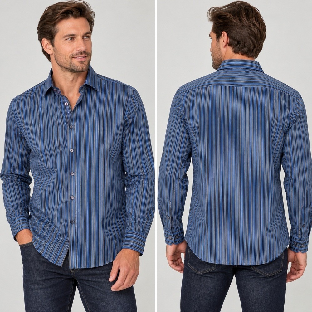 Bugatchi Uomo Mens L Blue Brown Stripe Long Sleeve Button Down Shirt